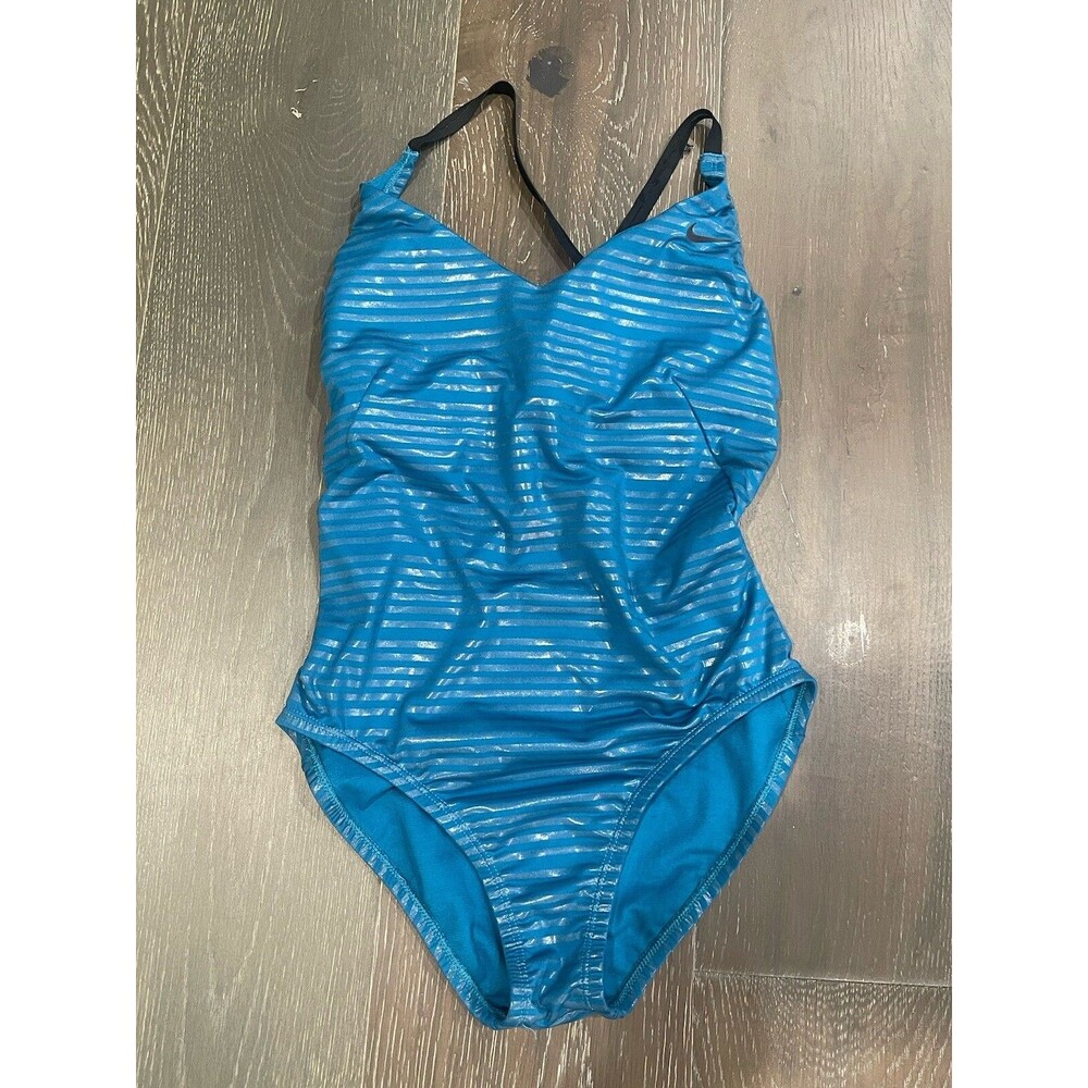 Nike Swim Women's Green Abyss One-Piece Shine Stripe Cross Back Size Small